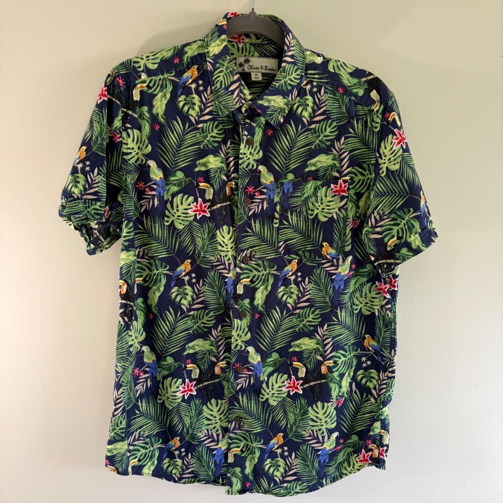 Oliver & Burke Mens Tropical Parrot Toucan Palm Print Button Down Shirt Medium - Picture 2 of 9